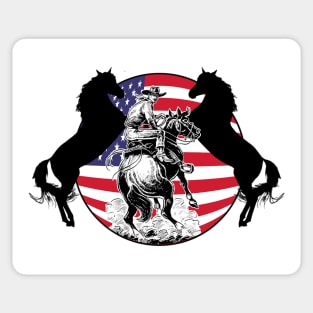 American cowboy, patriotic flag and black horses Sticker